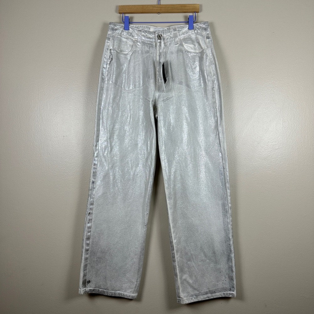Fourth + Bay Women's 10 Wide Leg Pants Silver Metallic High Rise NEW